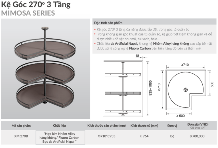 THÔNG SỐ KỸ THUẬT KỆ GÓC 270° 3 TẦNG GRANDX XM.270B