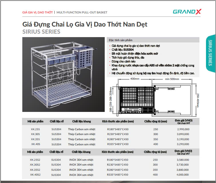 THÔNG SỐ KỸ THUẬT GIÁ ĐỰNG CHAI LỌ GIA VỊ DAO THỚT NAN DẸT GRANDX XK.35S 35CM