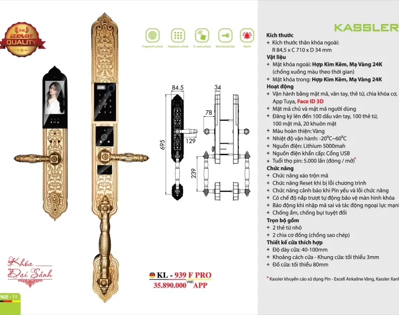 KHOÁ CỬA VÂN TAY ĐẠI SẢNH KASSLER KL 939 F PRO FACE ID APP WIFI MẠ VÀNG 24K