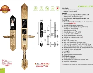 KHOÁ CỬA VÂN TAY ĐẠI SẢNH KASSLER KL 939 F PRO FACE ID APP WIFI MẠ VÀNG 24K - 1 2