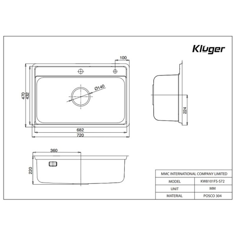 KÍCH THƯỚC CHẬU RỬA NHỎ INOX KLUGER KSWB 403FS
