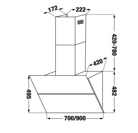 KÍCH THƯỚC MÁY HÚT MÙI KAFF KF-LUX AT70FH BK