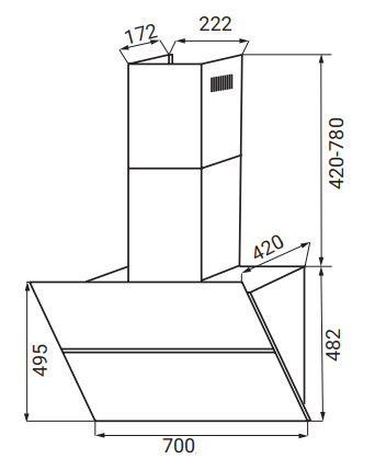 KÍCH THƯỚC MÁY HÚT MÙI PHẲNG KAFF KF-LUX-AT70FH-BK