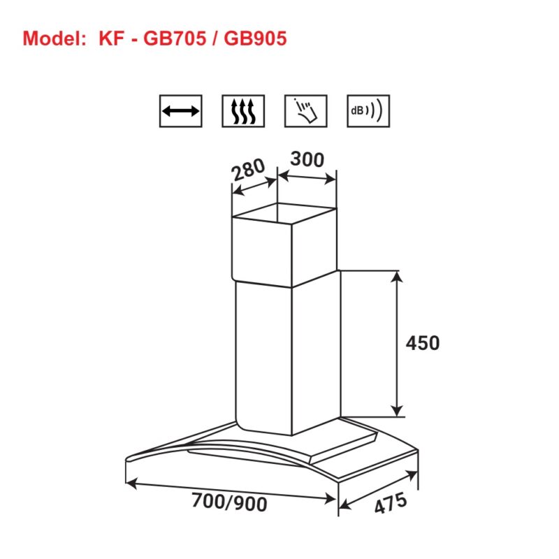 KÍCH THƯỚC MÁY HÚT MÙI KÍNH CONG KAFF KF-GB905