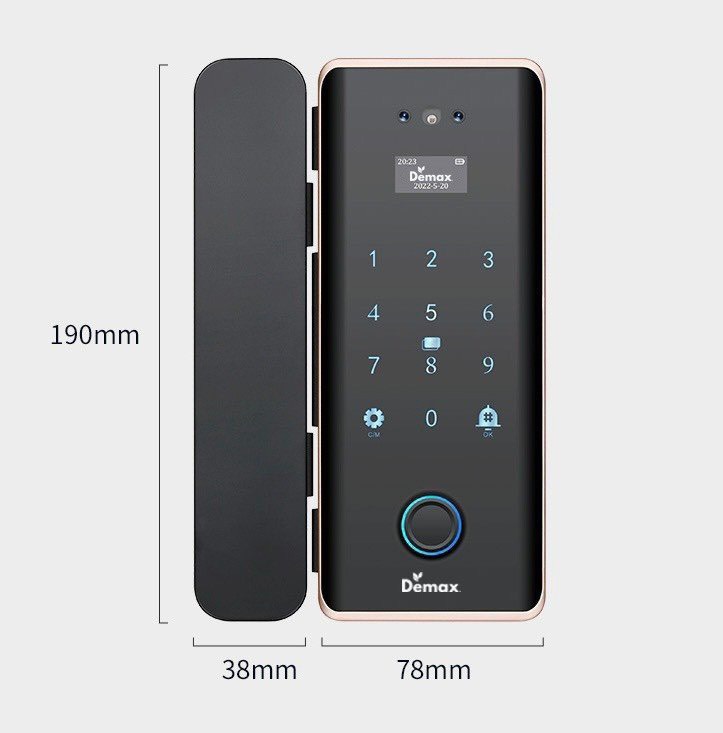 Khóa vân tay cửa kính nhận diện khuôn mặt Demax SL900 G Viền Đồng App Wifi, Face ID 3D của Đức
