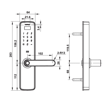 KÍCH THƯỚC KHÓA ĐIỆN TỬ HAFELE DL7100 (KHÔNG BAO GỒM PIN)