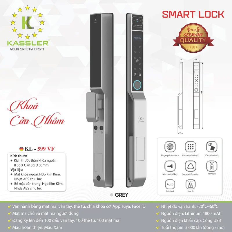 HÌNH ẢNH THỰC TẾ CỦA KHÓA THÔNG MINH CỬA NHÔM KASSLER KL 599 VF GREY APP