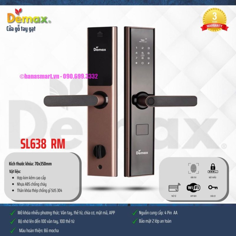 KHÓA CỬA VÂN TAY APP WIFI DEMAX SL638 RM