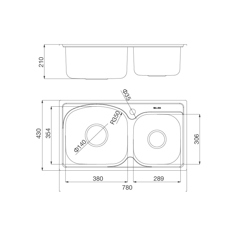 KÍCH THƯỚC CHẬU RỬA CHÉN MALLOCA MS 1011P