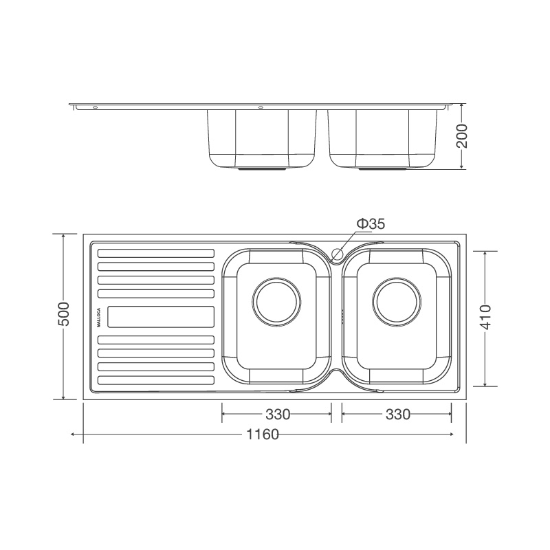 KÍCH THƯỚC CHẬU RỬA CHÉN MALLOCA MS 1025L NEW