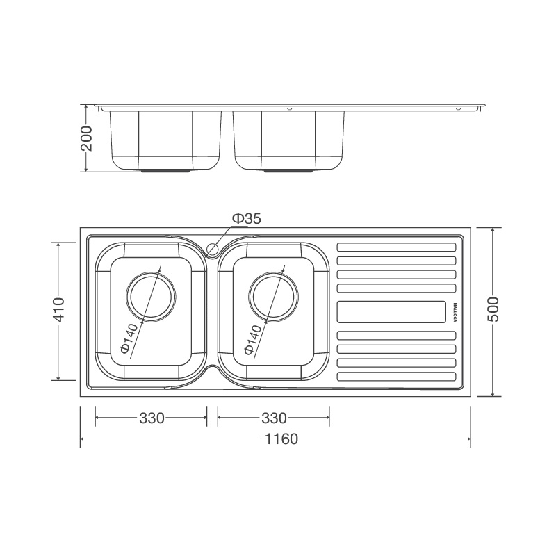 KÍCH THƯỚC CHẬU RỬA CHÉN MALLOCA MS 1025R NEW