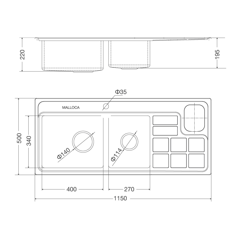 KÍCH THƯỚC CHẬU RỬA CHÉN MALLOCA MS 8817 N
