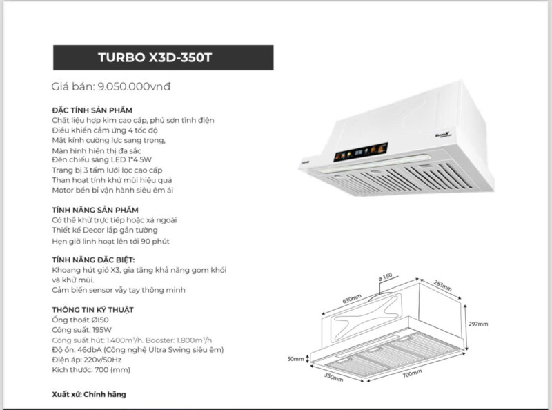 MÁY HÚT MÙI KOCHER TURBO 3D X3D-350T MÀU TRẮNG