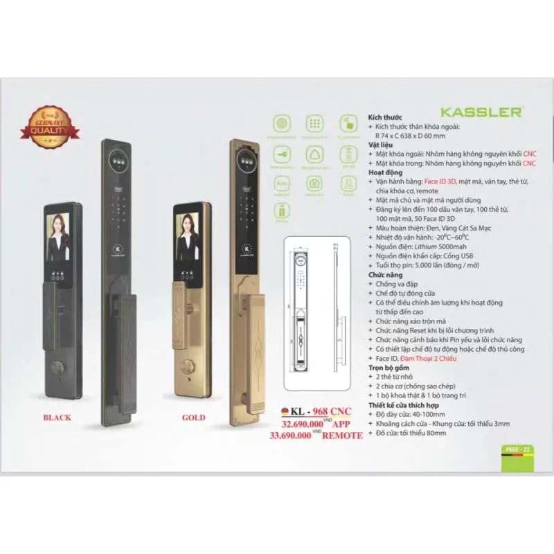 KHOÁ VÂN TAY KASSLER KL 968 CNC GOLD APP