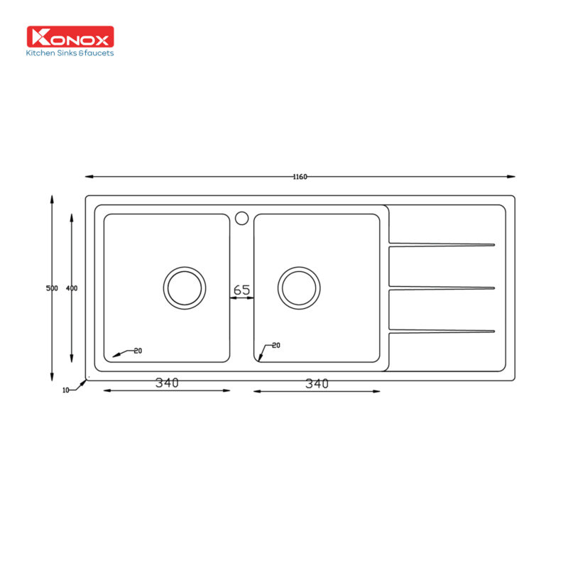CHẬU RỬA BÁT KONOX TURKEY SINK BETA 1160 BÀN PHẢI