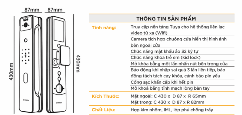 THÔNG SỐ KỸ THUẬT KHÓA CỬA VÂN TAY BOSCH FU8 PLUS EU BLACK FACE ID VÀ APP WIFI