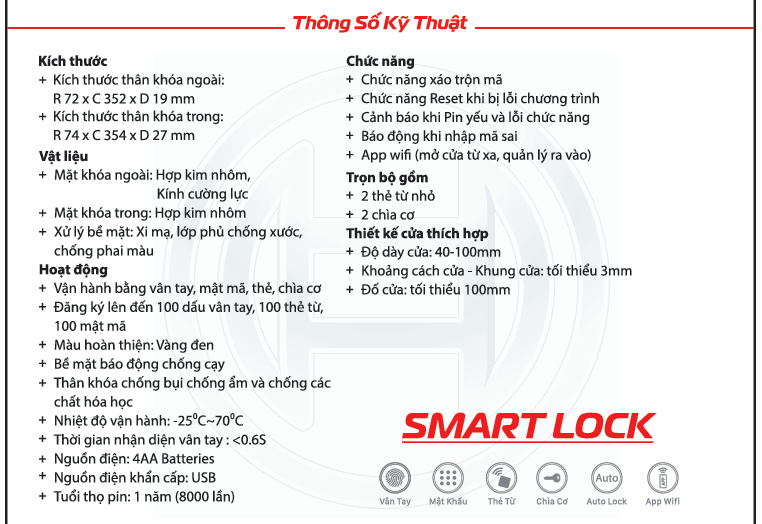 THÔNG SỐ KỸ THUẬT KHÓA CỬA VÂN TAY APP WIFI BOSCH EL600 DE MÀU VÀNG