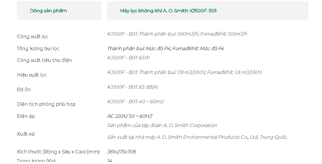 MÁY LỌC KHÔNG KHÍ A.O.SMITH KJ500F-B01