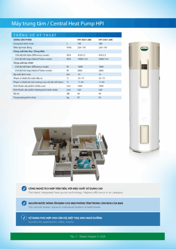 MÁY NƯỚC NÓNG BƠM NHIỆT TRUNG TÂM A. O. SMITH HPI-40D