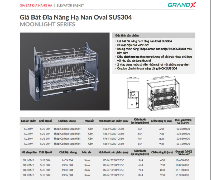 GIÁ BÁT ĐĨA NÂNG HẠ NAN OVAL GRANDX SUS304 XL.60M 60CM