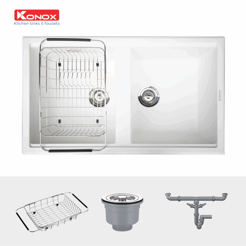 CHẬU RỬA BÁT KONOX GRANITE SINK PHOENIX 860 WHITE SILVER