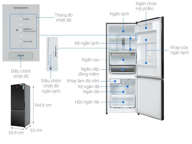 TỦ LẠNH ELECTROLUX NGĂN ĐÁ DƯỚI EBB3402K-H INVERTER ULTIMATETASTE 300 308L MÀU ĐEN BÓNG ( CÓ NGĂN ĐÔNG MỀM)