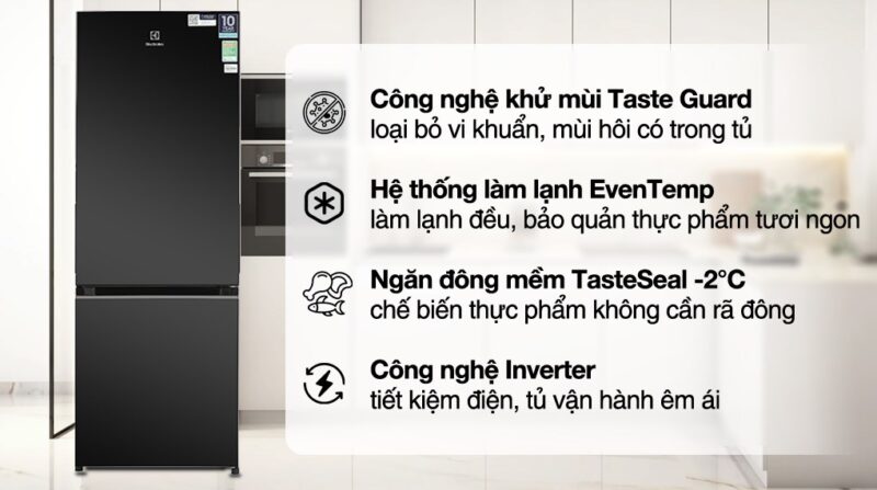 TỦ LẠNH ELECTROLUX NGĂN ĐÁ DƯỚI EBB3402K-H INVERTER ULTIMATETASTE 300 308L MÀU ĐEN BÓNG ( CÓ NGĂN ĐÔNG MỀM)