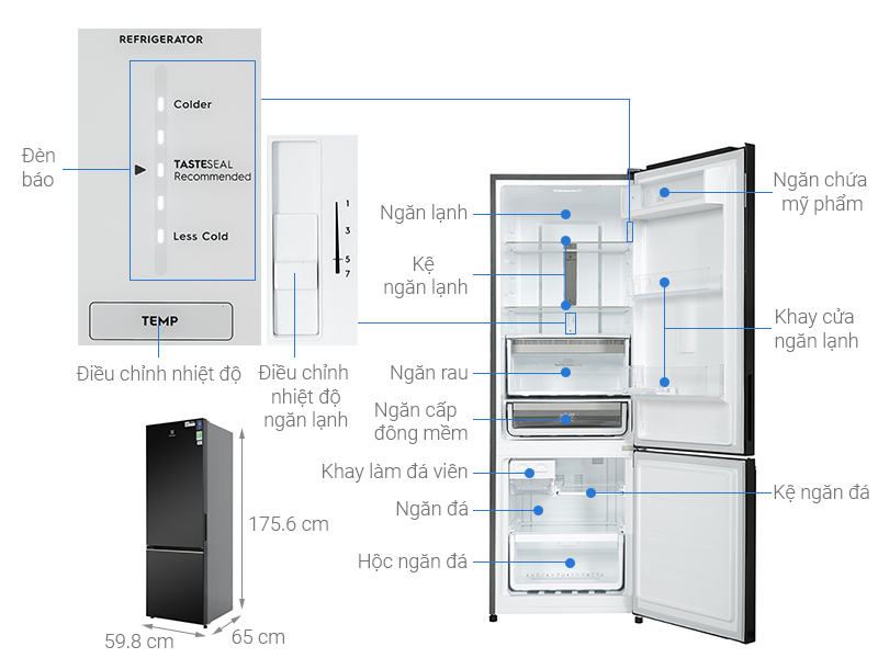 TỦ LẠNH ELECTROLUX NGĂN ĐÁ DƯỚI EBB3702K-H INVERTER ULTIMATETASTE 300 335L MÀU ĐEN BÓNG ( CÓ NGĂN ĐÔNG MỀM)
