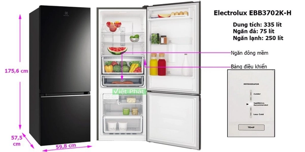 TỦ LẠNH ELECTROLUX NGĂN ĐÁ DƯỚI EBB3702K-H INVERTER ULTIMATETASTE 300 335L MÀU ĐEN BÓNG ( CÓ NGĂN ĐÔNG MỀM)