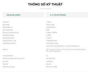 MÁY LỌC NƯỚC A. O. SMITH R400E - thongso
