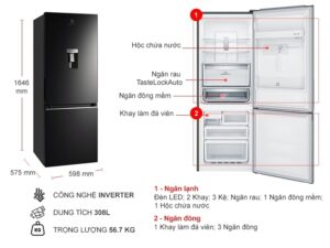 TỦ LẠNH ELECTROLUX NGĂN ĐÁ DƯỚI EBB3462K-H INVERTER ULTIMATETASTE 300 308L MÀU ĐEN BÓNG ( CÓ NGĂN ĐÔNG MỀM) - tu lanh electrolux inverter 308l ebb3462k h 1