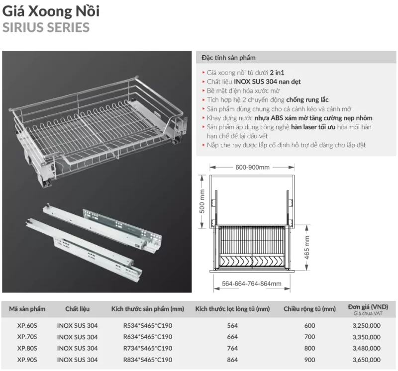 THÔNG SỐ KỸ THUẬT GIÁ XOONG NỒI GRANDX XP.60S 60CM