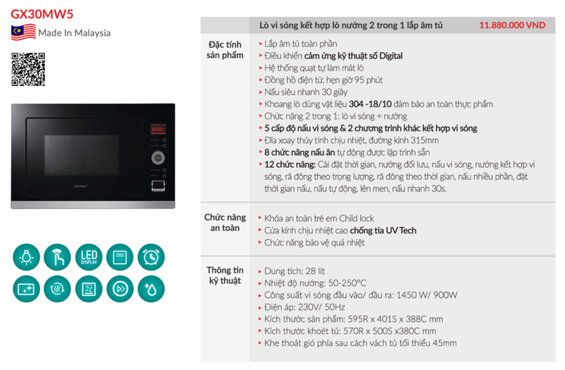 THÔNG SỐ KỸ THUẬT LÒ VI SÓNG GRANDX GX30MW5