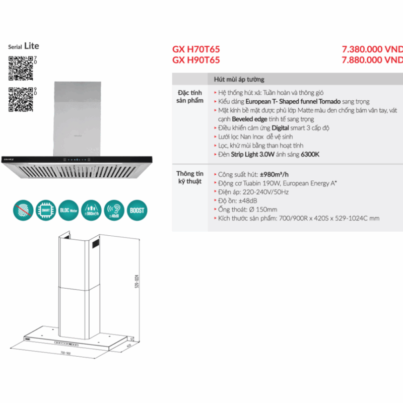 THÔNG SỐ KỸ THUẬT MÁY HÚT MÙI GRANDX GX-H90T65