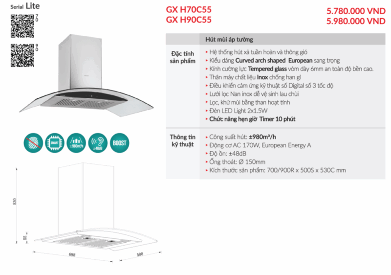 THÔNG SỐ KỸ THUẬT MÁY HÚT MÙI GRANDX GX-H90C55
