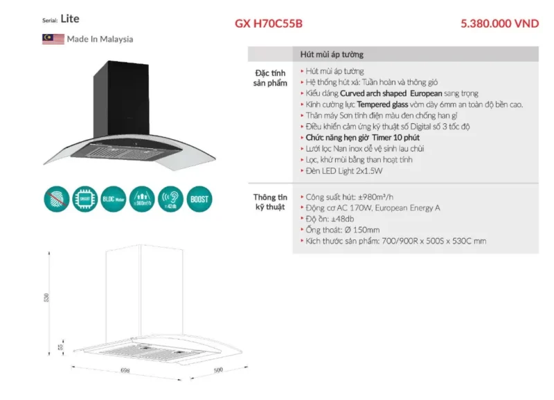 THÔNG SỐ KỸ THUẬT MÁY HÚT MÙI GRANDX GX-H70C55B